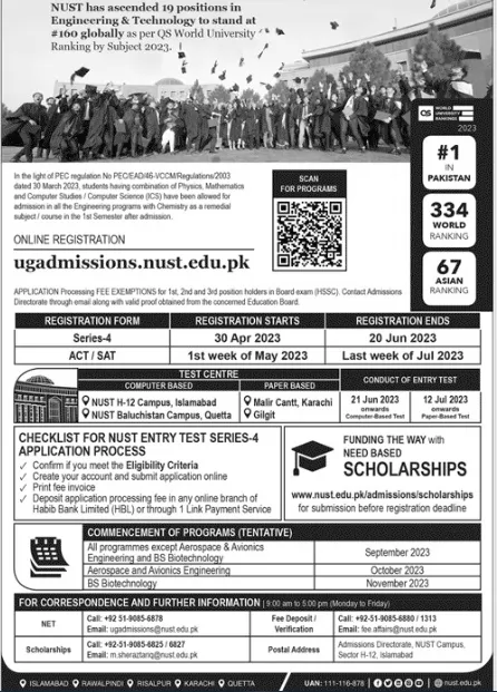 admission announcement of National University Of Science And Technology, Quetta Campus