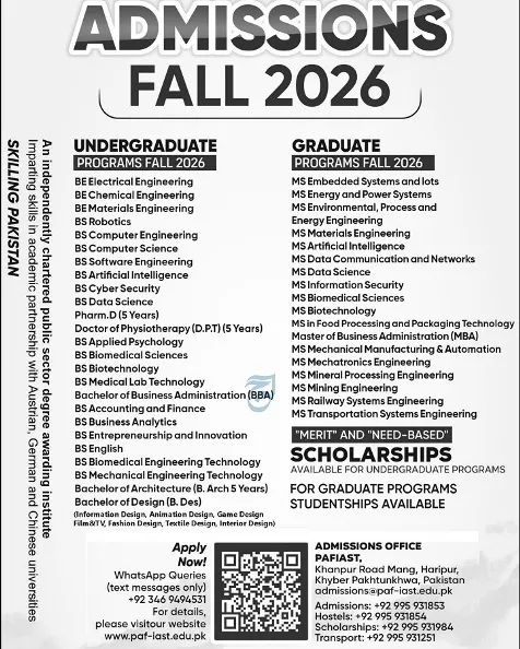 admission announcement of Pak- Austria Fachhuochschule, Institute Of Applied Sciences And Technology