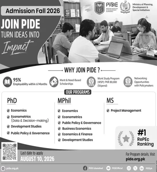 admission announcement of Pakistan Institute Of Development Economics