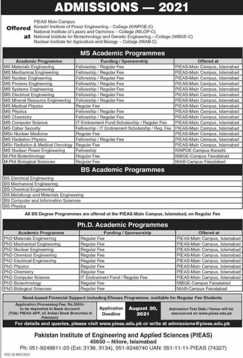 admission announcement of Pakistan Institute Of Engineering & Applied Sciences