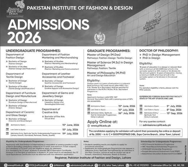 admission announcement of Pakistan Institute Of Fashion Design