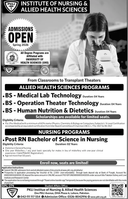 admission announcement of Pakistan Kidney And Liver Institute And Research Center
