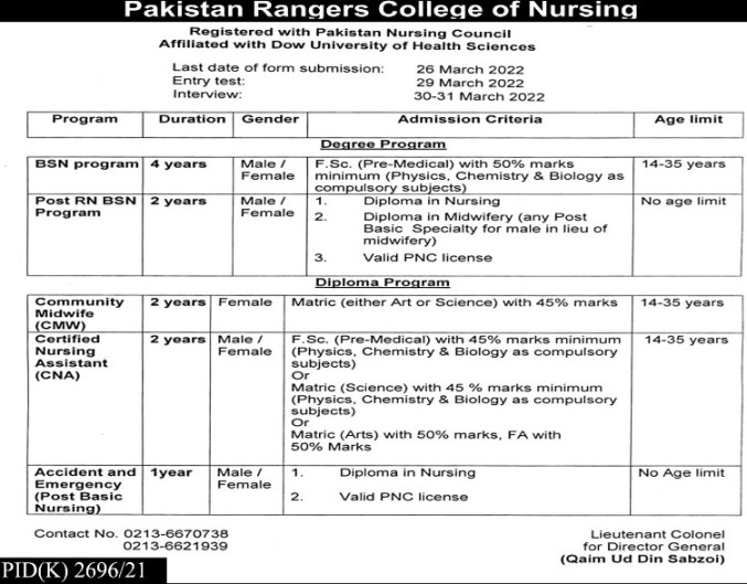 admission announcement of Pakistan Rangers College Of Nursing