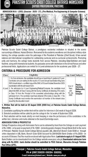 admission announcement of Pakistan Scouts Cadet College, Batrasi