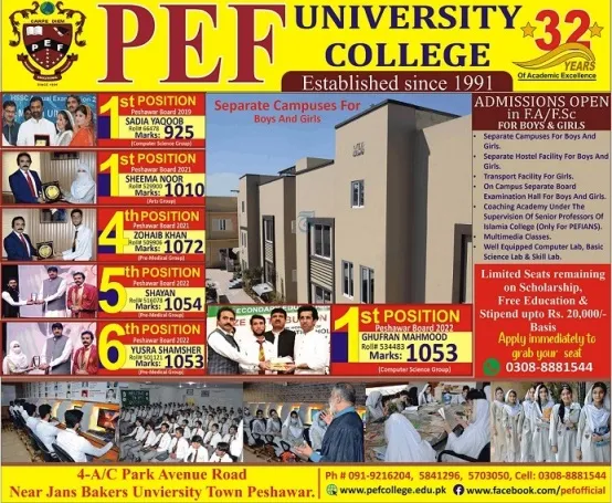 admission announcement of Peshawar Public School & College For Girls