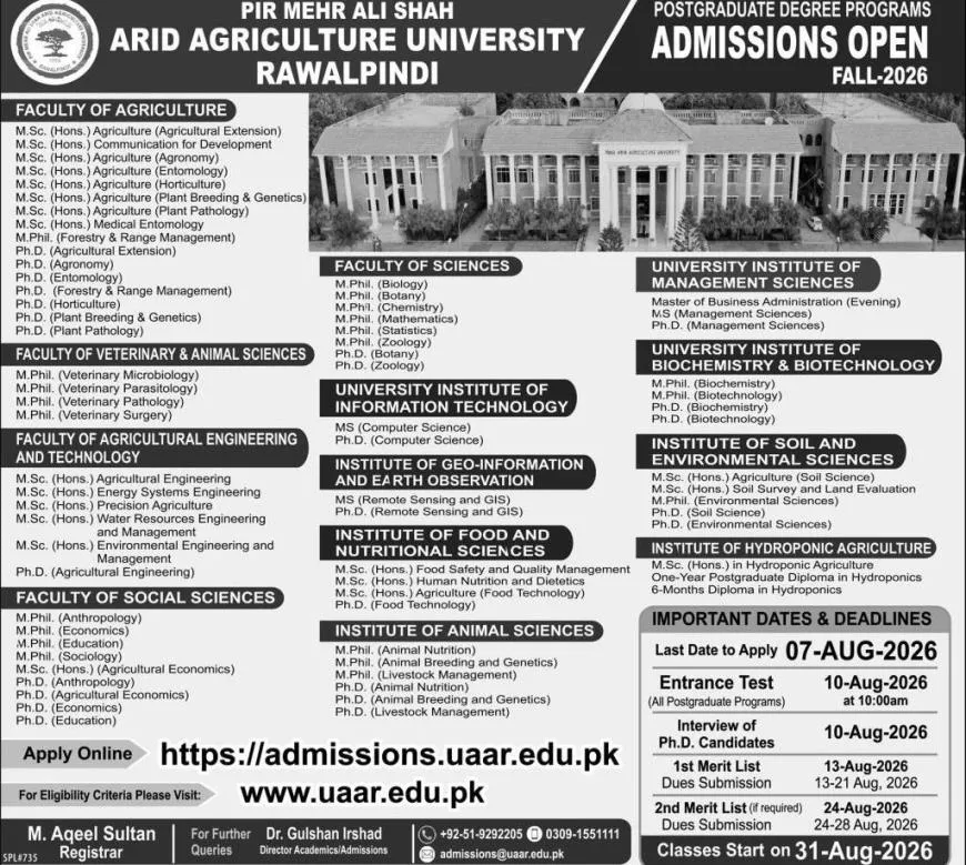 admission announcement of Pir Mahar Ali Shah Arid Agriculture University