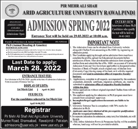 admission announcement of Pir Mahar Ali Shah Arid Agriculture University