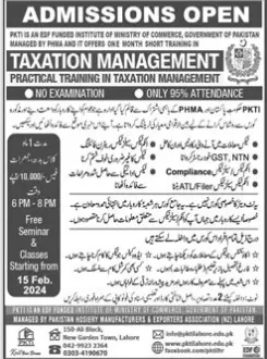 admission announcement of Pakistan Knitwear Training Institute