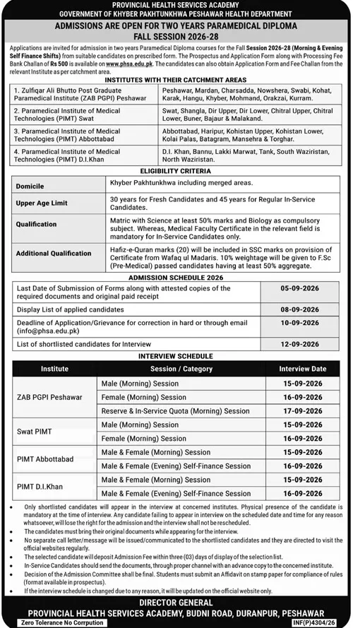 admission announcement of Government Para Medical Institute Of Medical Technology