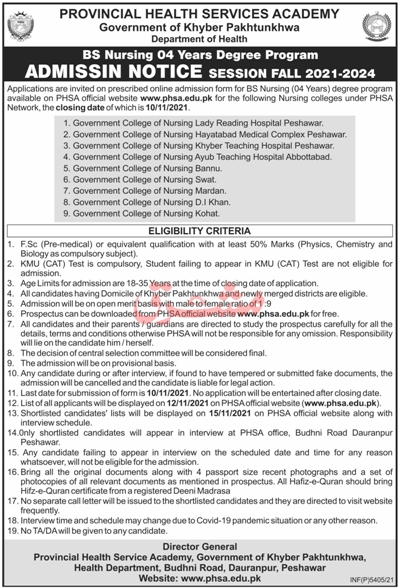 admission announcement of Government College Of Nursing, Lady Reading Hospital