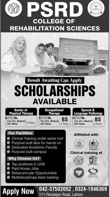 admission announcement of Psrd College Of Rehabilitation Sciences