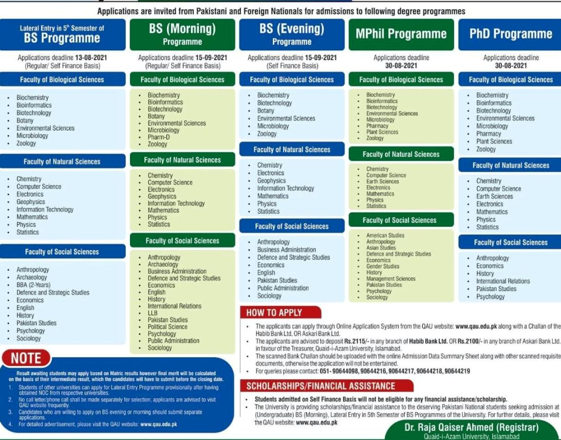 Quaid-e-azam University QAU Islamabad DOCTORATE) Admission 2022 