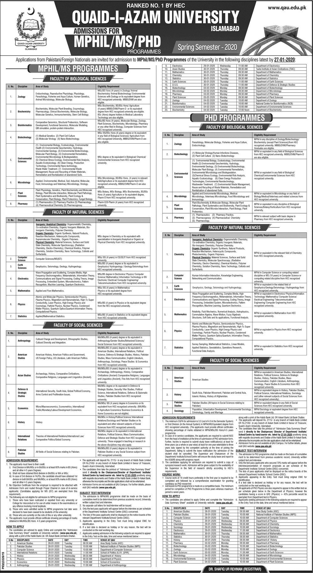 Quaid E Azam University Qau Islamabad Admission 2020 Doctorate