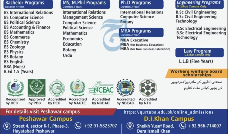 admission announcement of Qurtuba University Of Science & Technology [di Khan]