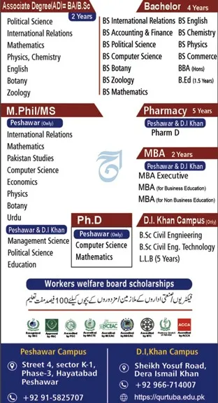 admission announcement of Qurtuba University Of Science & Technology [di Khan]