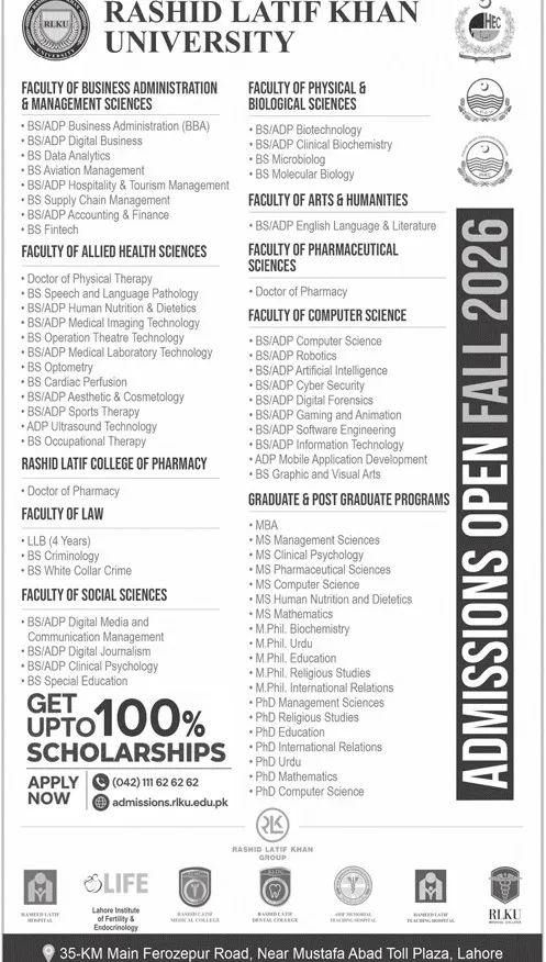 admission announcement of Rashid Latif Khan University