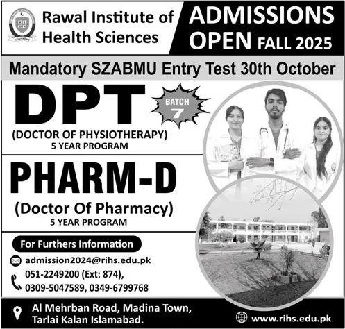 admission announcement of Rawal Institute Of Health Sciences