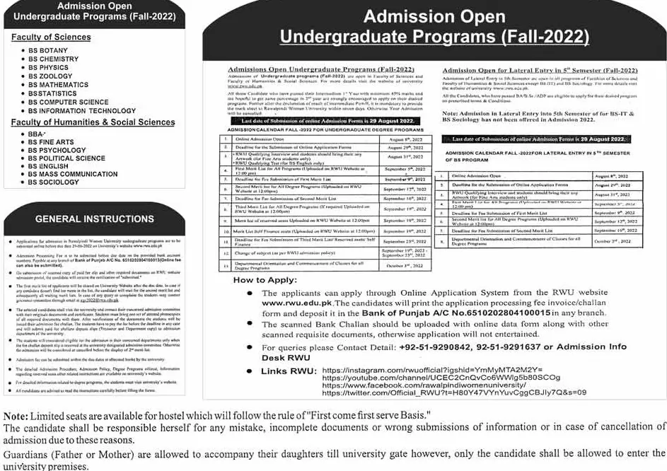 admission announcement of Rawalpindi Women University