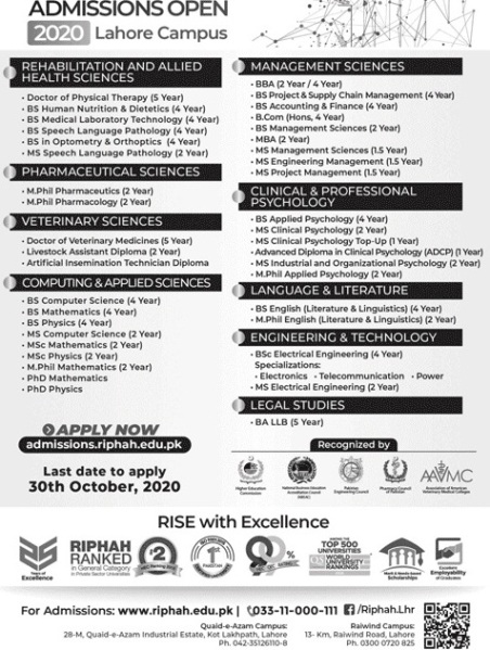 admission announcement of Riphah International University Lahore