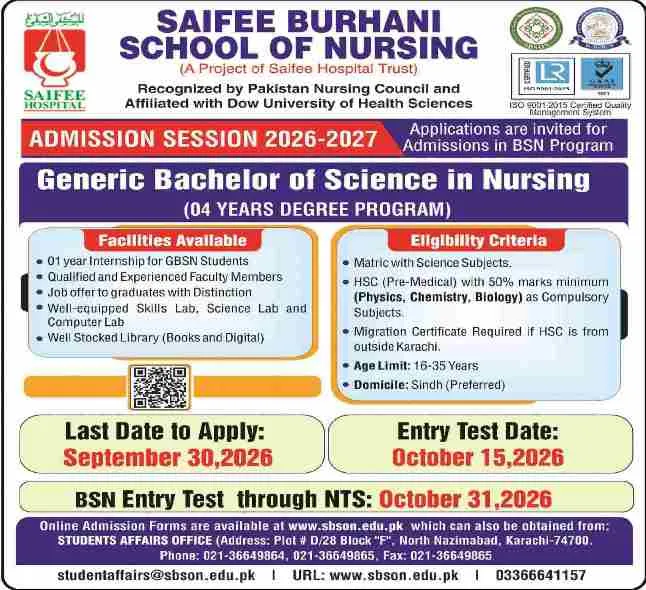 admission announcement of Saifee Burhani School Of Nursing