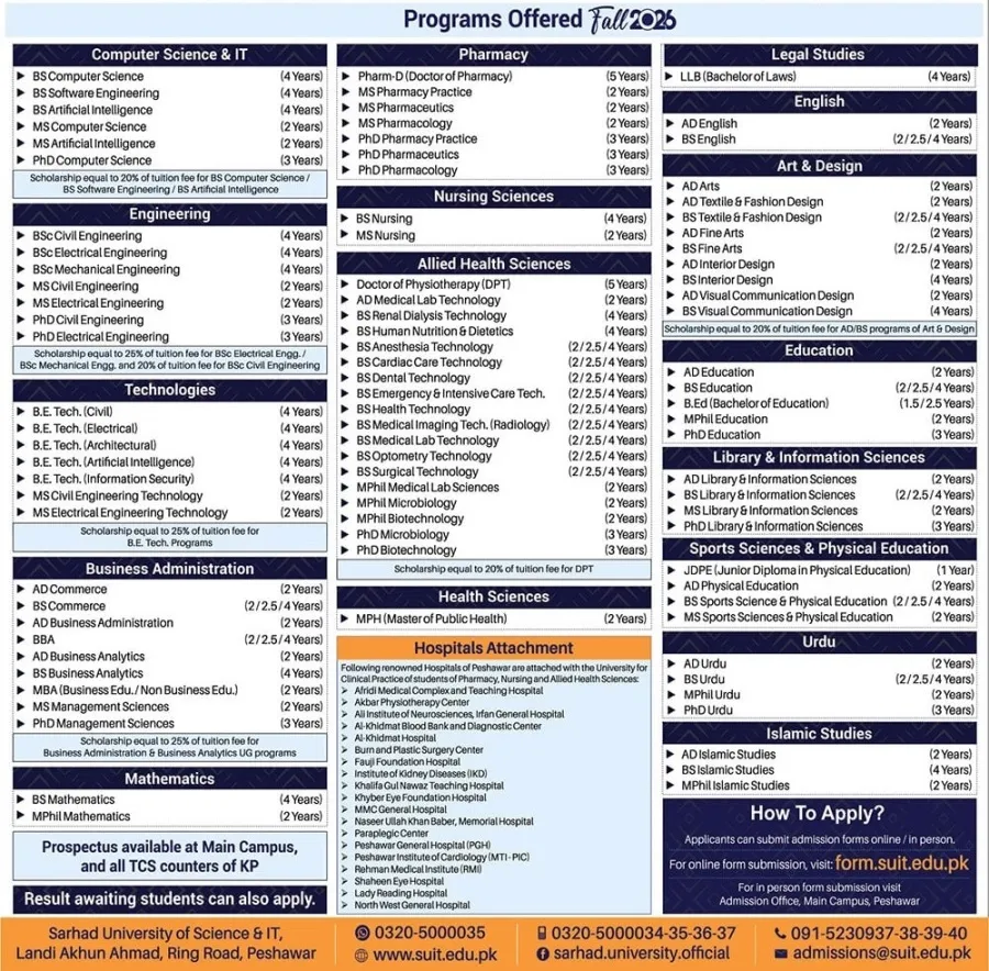 admission announcement of Sarhad University Of Science & Information Technology