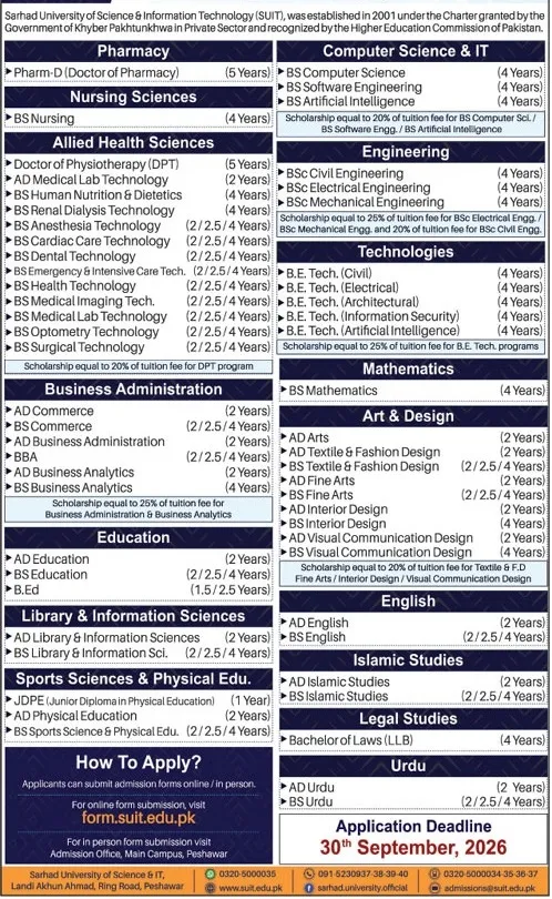 admission announcement of Sarhad University Of Science & Information Technology