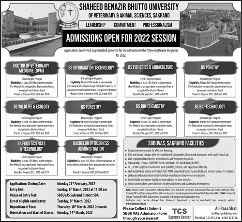 admission announcement of Shaheed Benazir Bhutto  International University Of Veterinary And Animal Sciences