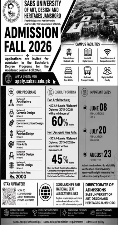admission announcement of Shaheed Allah Buksh Soomro University Of Art, Design And Heritages