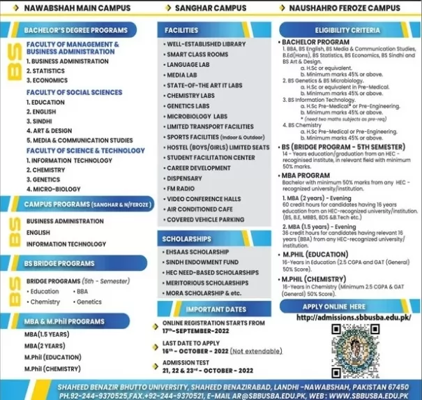 admission announcement of Shaheed Benazir Bhutto University Nawabshah, Sub Campus