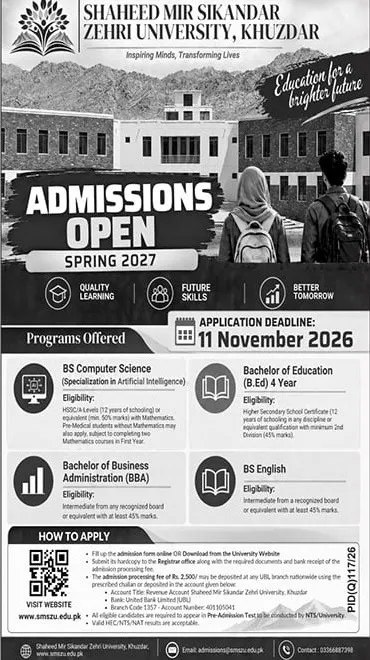 admission announcement of Shaheed Mir Sikandar Zehri University