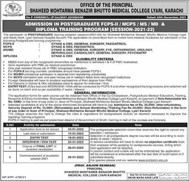 admission announcement of Shaheed Muhtrama Benazir Bhutto Medical College, Lyari