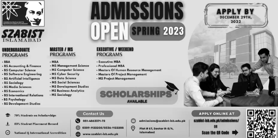 admission announcement of Shaheed Zulfiqar Ali Bhutto Institute Of Science And Technology