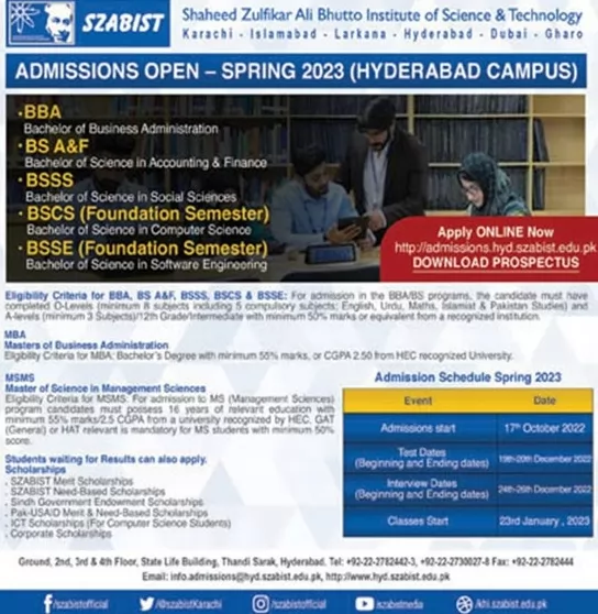 admission announcement of Shaheed Zulfikar Ali Bhutto Institute Of Science & Technology [hyderabad]