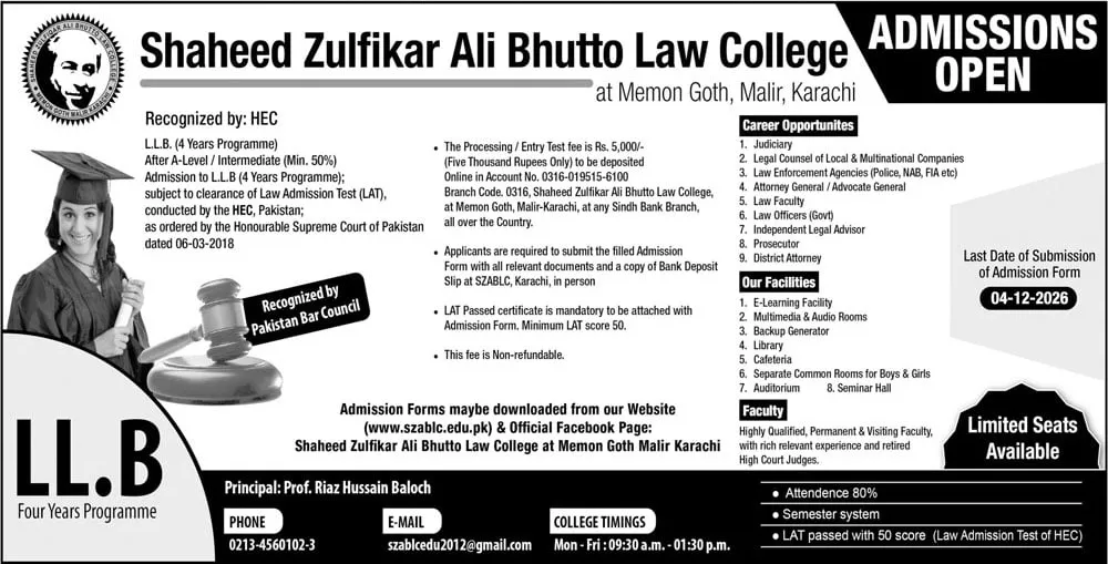 admission announcement of Shaheed Zulfiqar Ali Bhutto Law College