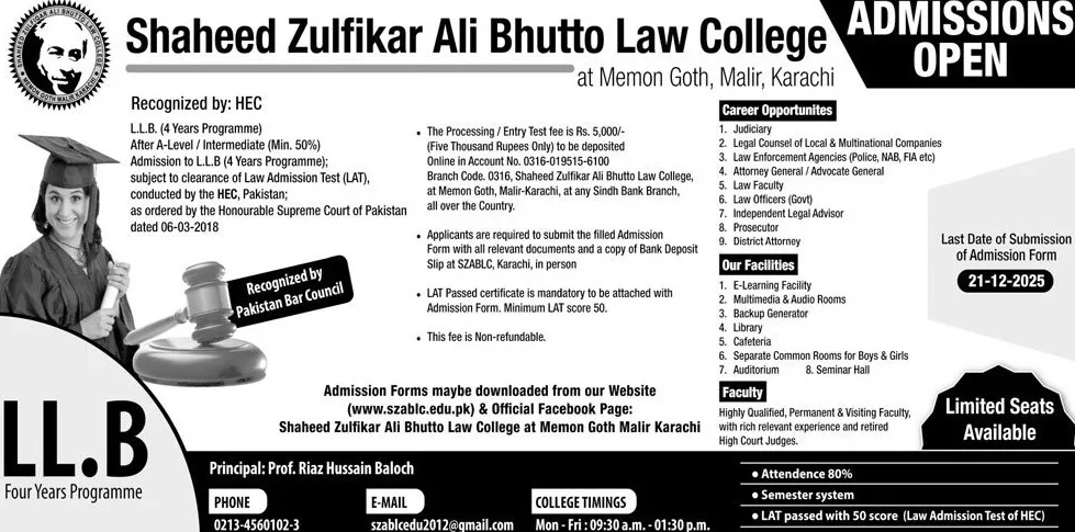 admission announcement of Shaheed Zulfiqar Ali Bhutto Law College