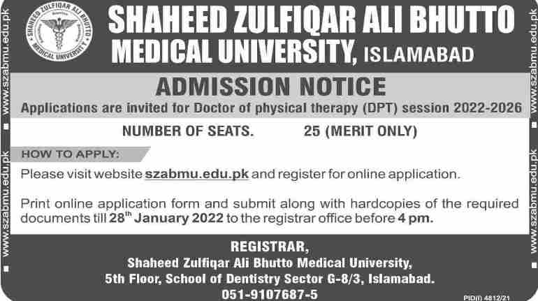 admission announcement of Shaheed Zulfiqar Ali Bhutto Medical University, Pims