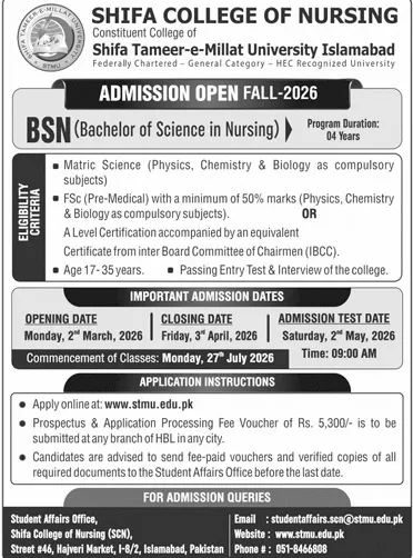admission announcement of Shifa College Of Nursing