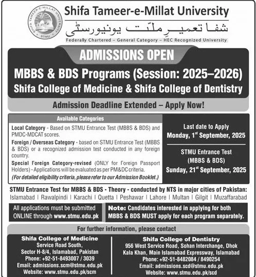 admission announcement of Shifa College Of Medicine/hospital