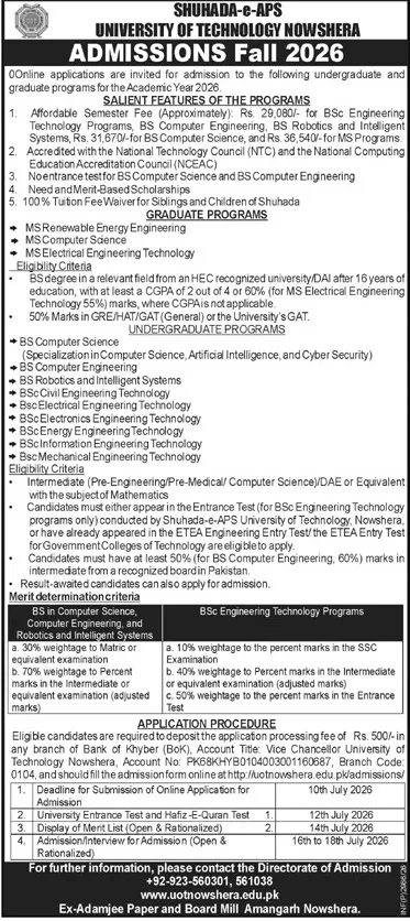admission announcement of University Of Technology, Nowshera