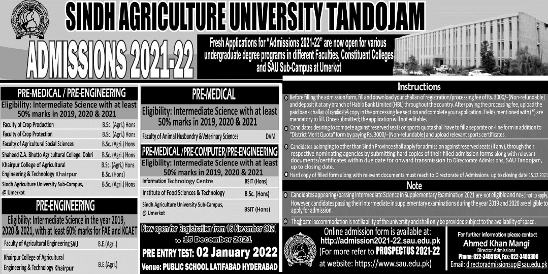 admission announcement of Sindh Agriculture University, Umerkot Campus