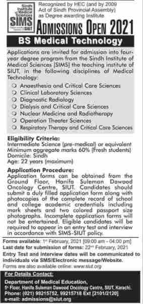 admission announcement of Sindh Institute Of Urology And Transplantation