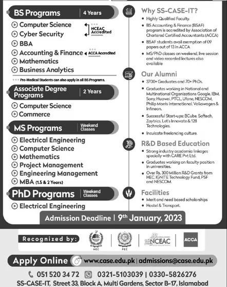 admission announcement of Sir Syed Case Institute Of Technology