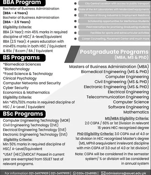 admission announcement of Sir Syed University Of Engineering & Technology