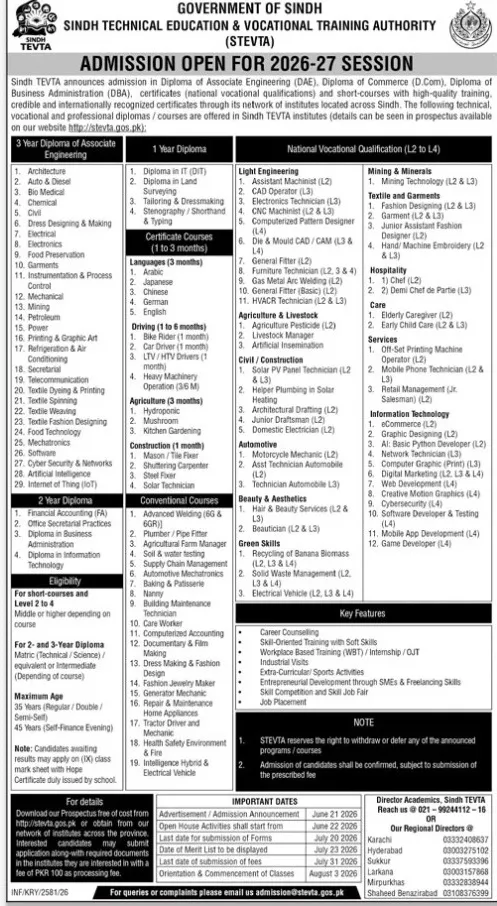 admission announcement of Sindh Technical Education & Vocational Training Authority