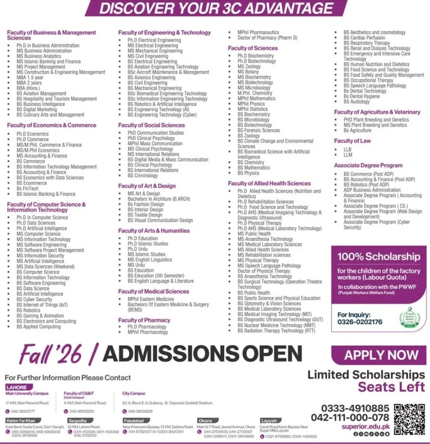 admission announcement of The Superior University