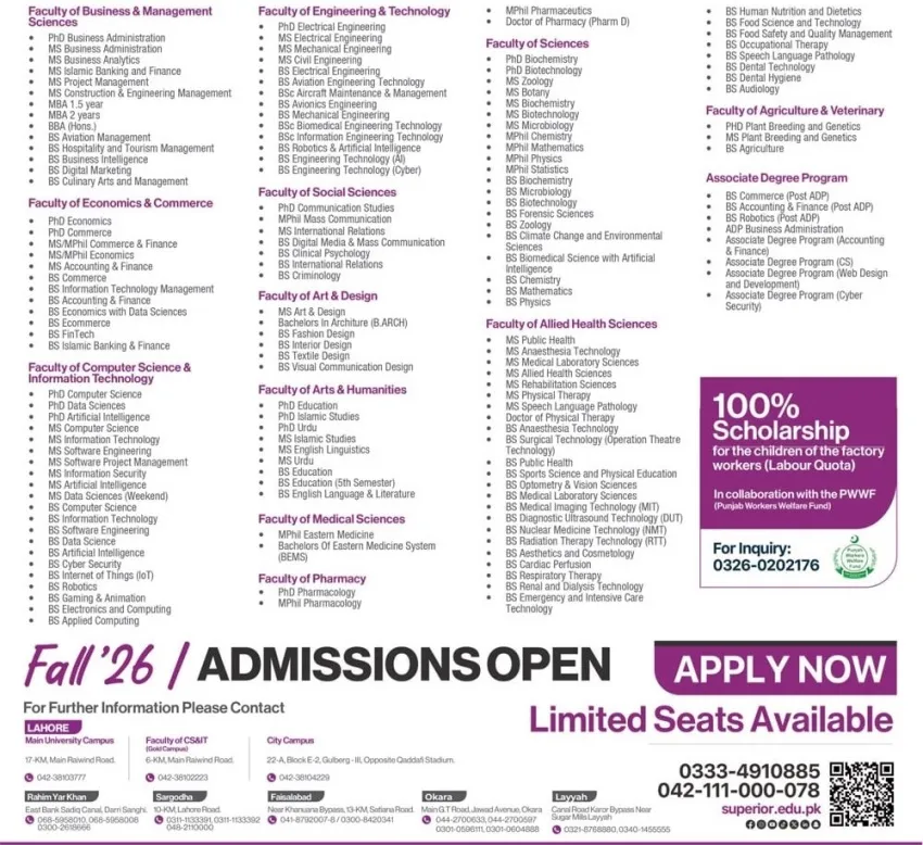 admission announcement of The Superior University