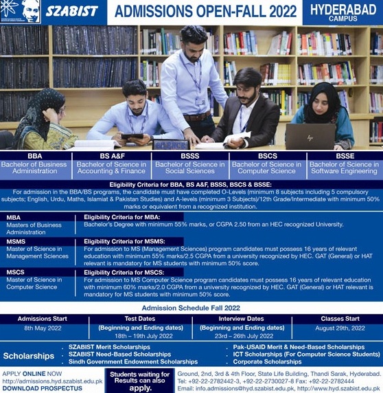 admission announcement of Shaheed Zulfikar Ali Bhutto Institute Of Science & Technology [hyderabad]