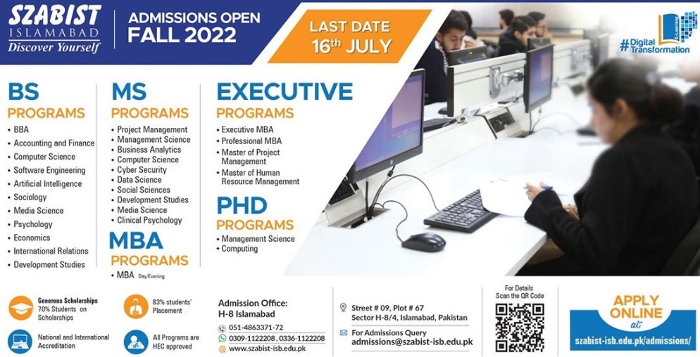 admission announcement of Shaheed Zulfiqar Ali Bhutto Institute Of Science And Technology