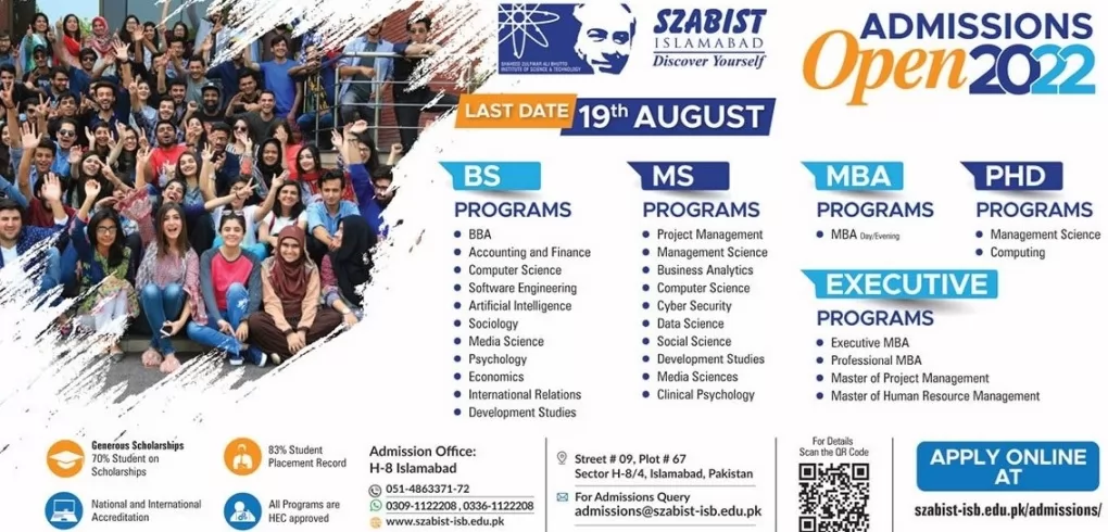 admission announcement of Shaheed Zulfiqar Ali Bhutto Institute Of Science And Technology