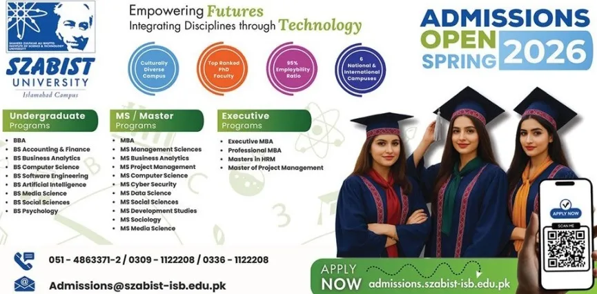 admission announcement of Shaheed Zulfiqar Ali Bhutto Institute Of Science And Technology